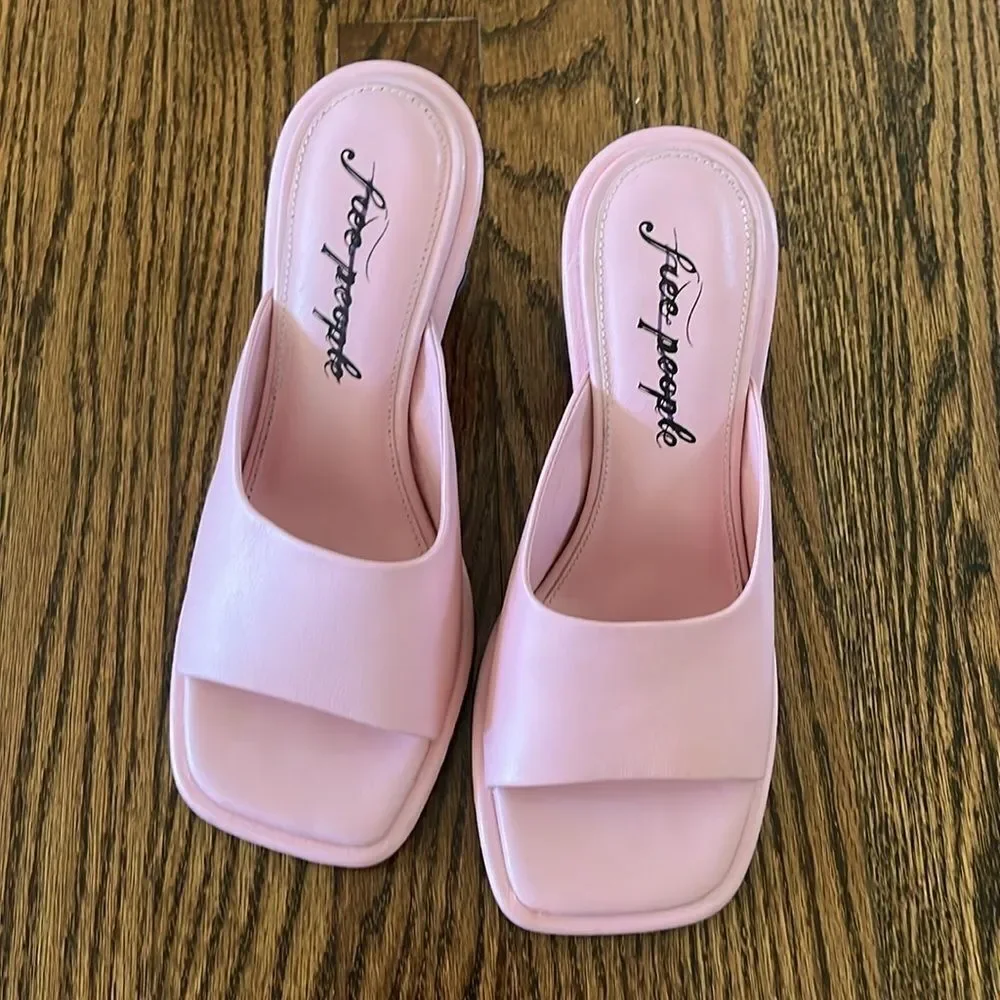Free People Size 38.5 Worn Pink Open Toe Heals Mandi Leather Mules Pink Lemonade